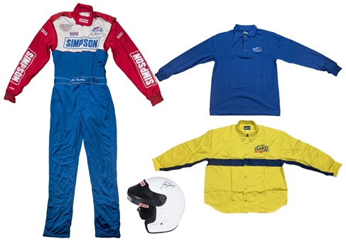 Jon Denning Colllection of (4) Including Autographed NASCAR Flame Retardant Suit, Helmet and (2) Shirts (Unsigned) (JSA)